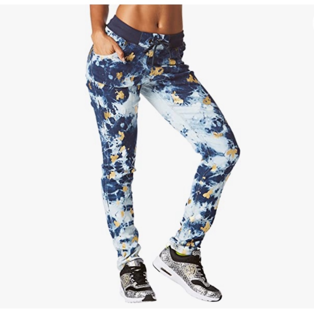 ZUMBA DENIM GOLD SPLATTERED PANTS | Sz  XS